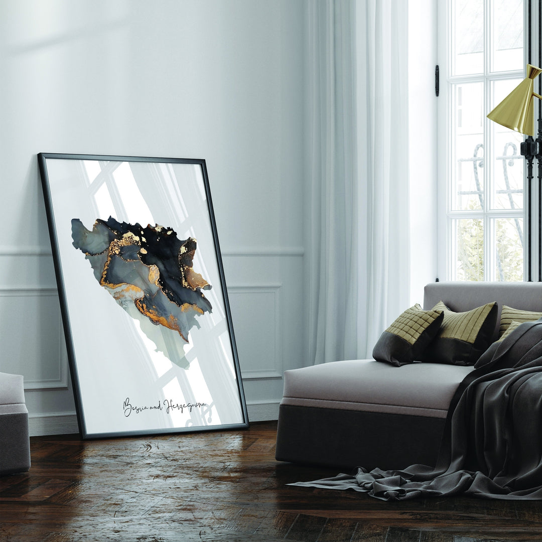 Bosnia and Herzegovina Map Black & Gold Wall Art Print