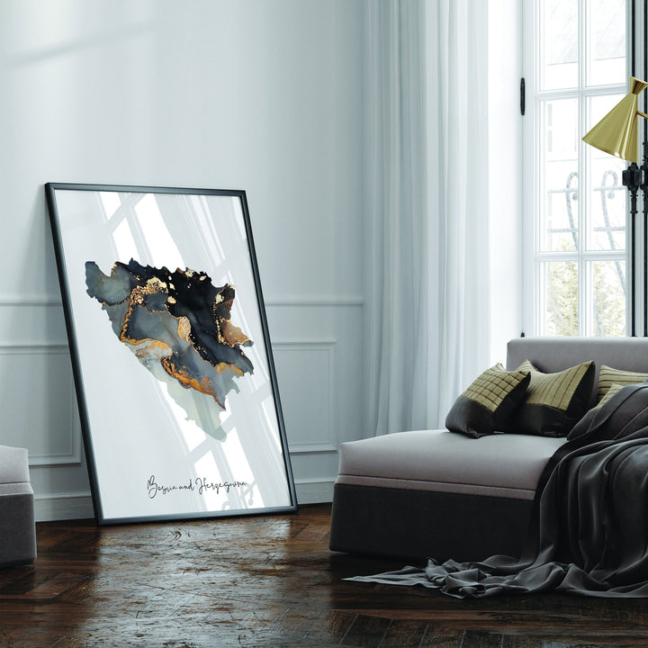 Bosnia and Herzegovina Map Black & Gold Wall Art Print
