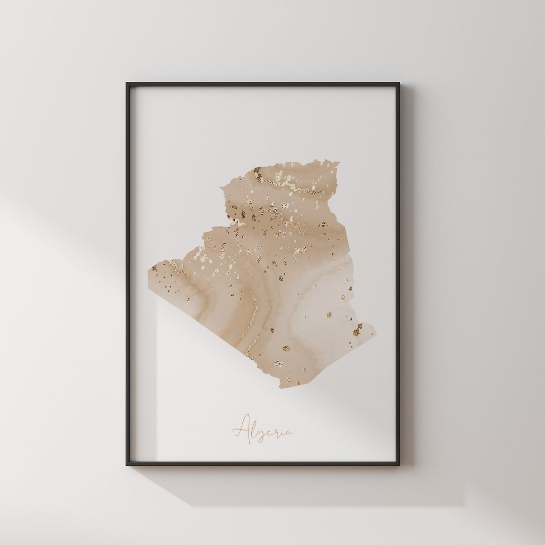 Algeria Map Beige & Gold Wall Art Print
