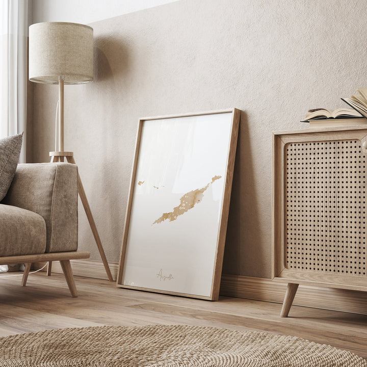 Anguilla Map Beige & Gold Wall Art Print