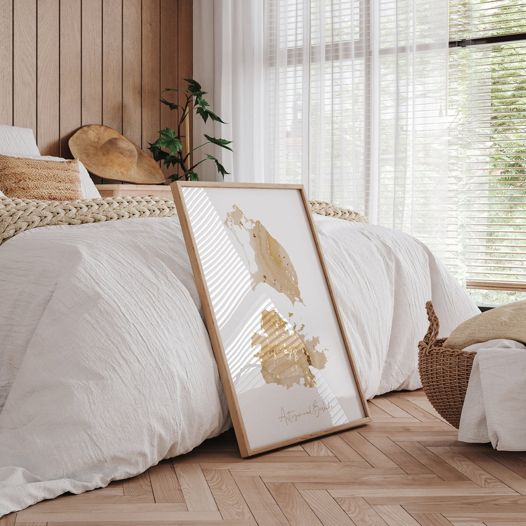 Antigua and Barbuda Map Beige & Gold Wall Art Print