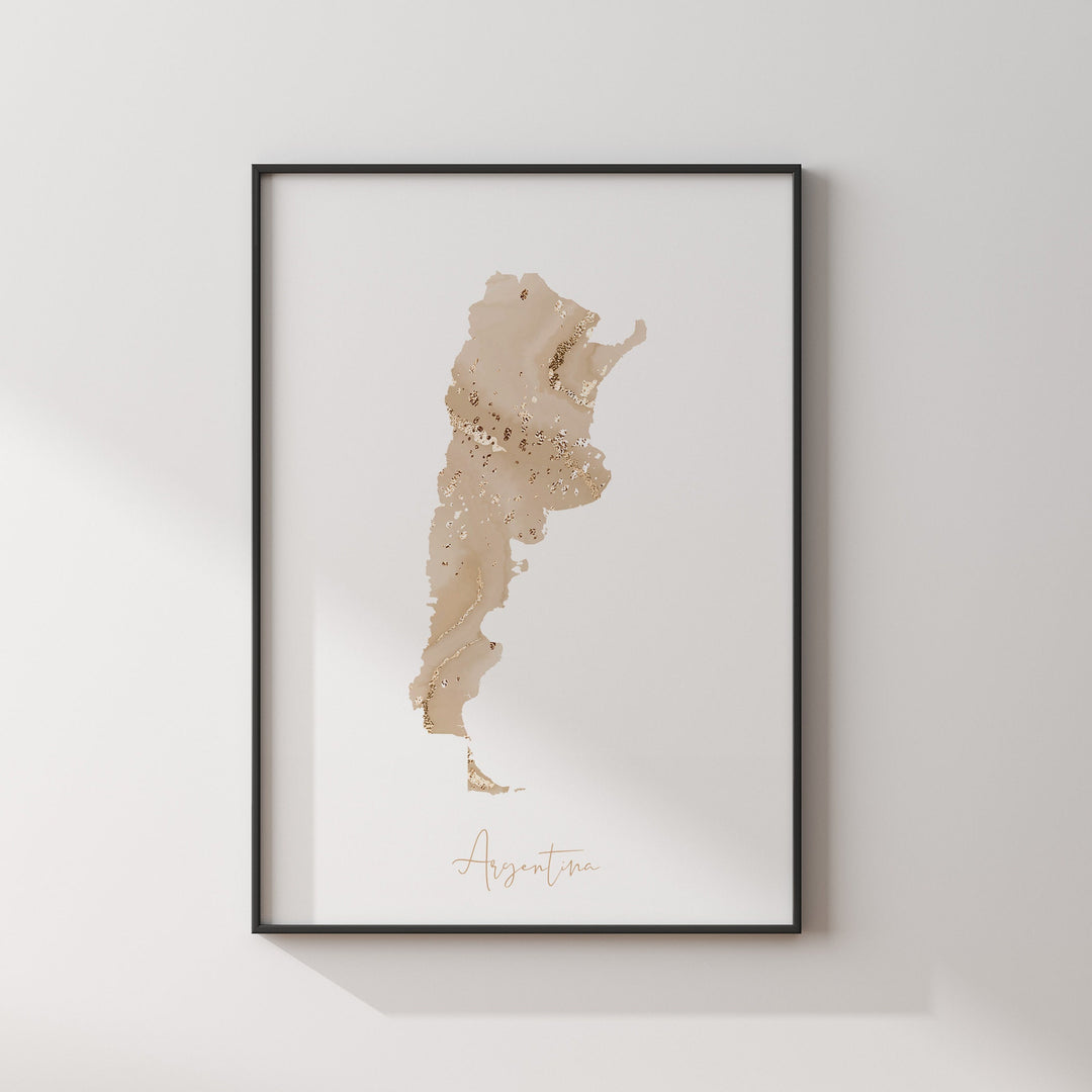 Argentina Map Beige & Gold Wall Art Print