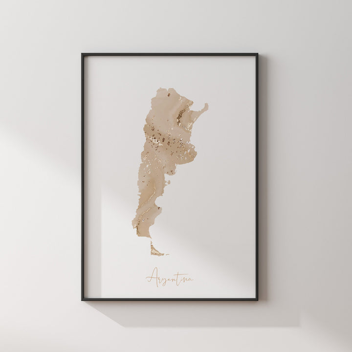 Argentina Map Beige & Gold Wall Art Print