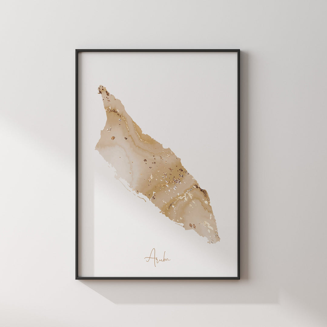 Aruba Map Beige & Gold Wall Art Print
