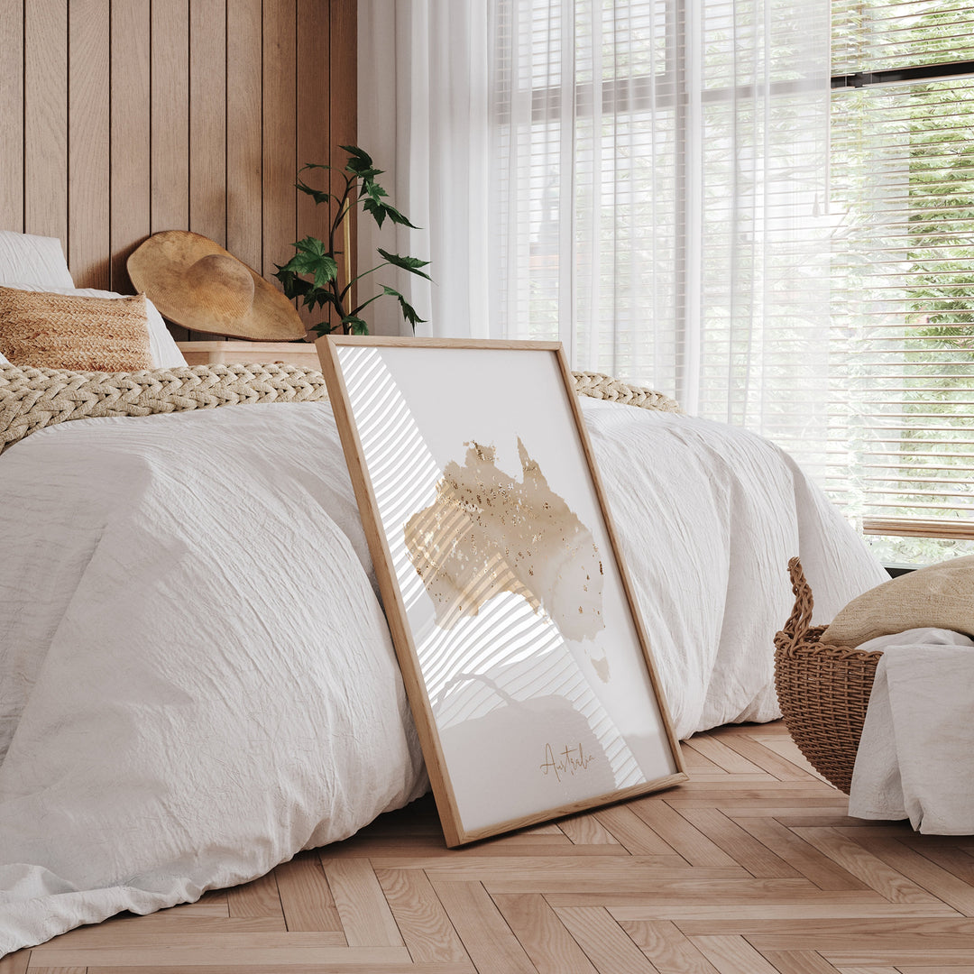 Australia Map Beige & Gold Wall Art Print