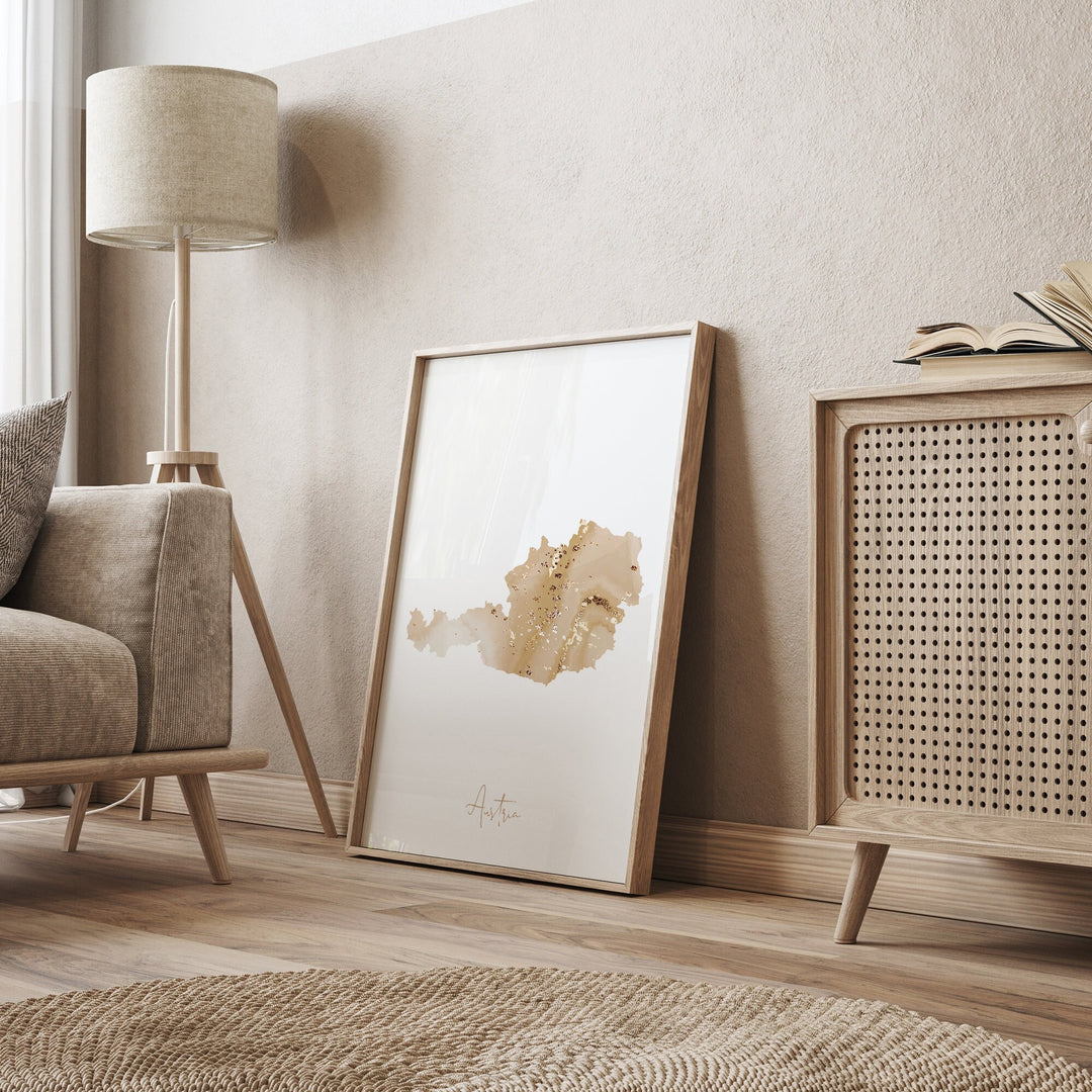 Austria Map Beige & Gold Wall Art Print