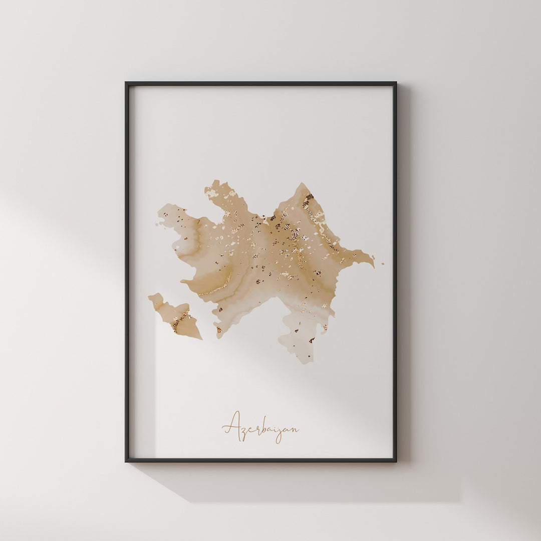 Azerbaijan Map Beige & Gold Wall Art Print