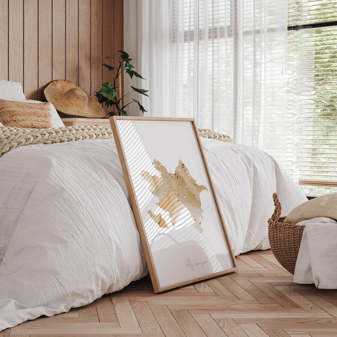 Azerbaijan Map Beige & Gold Wall Art Print