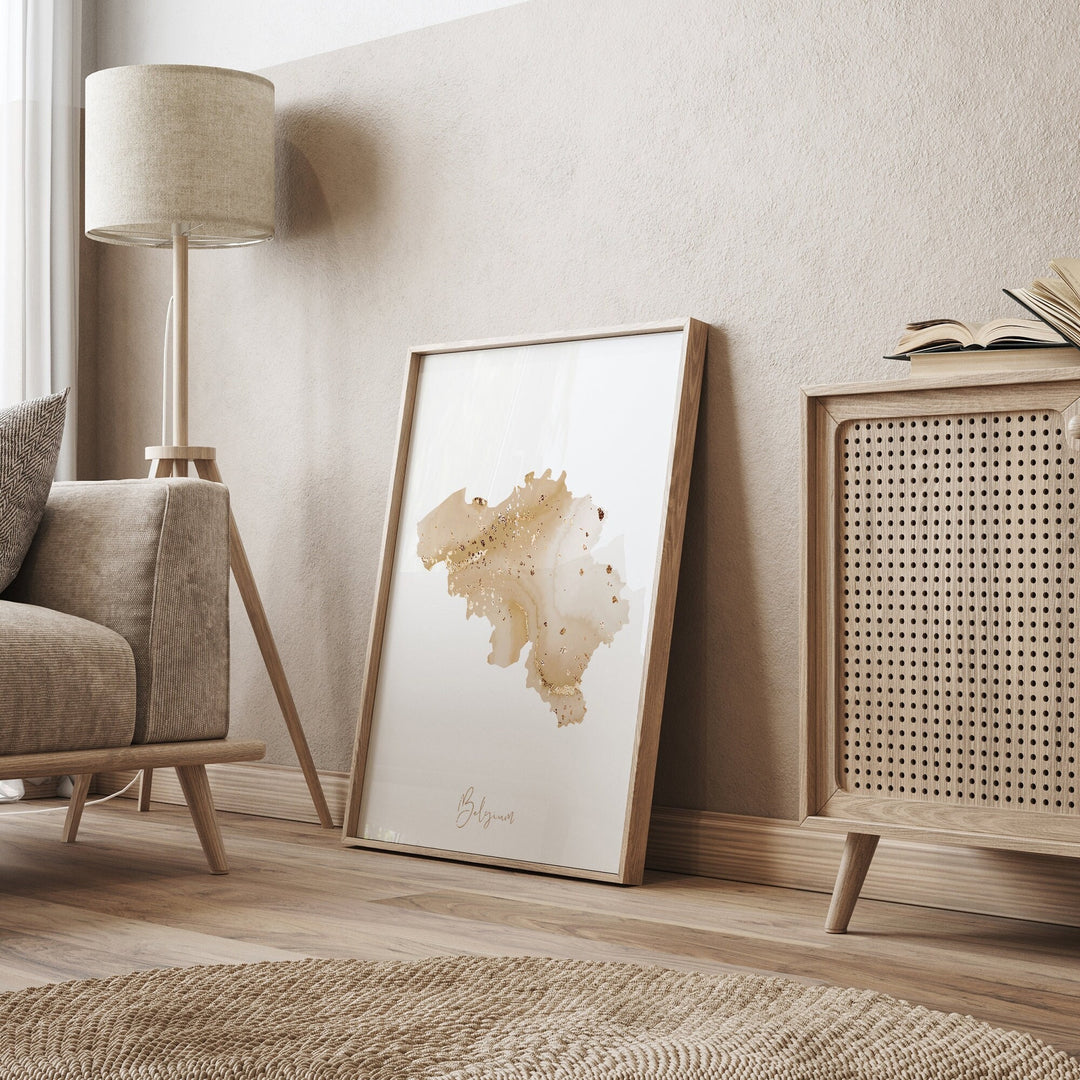 Belgium Map Beige & Gold Wall Art Print