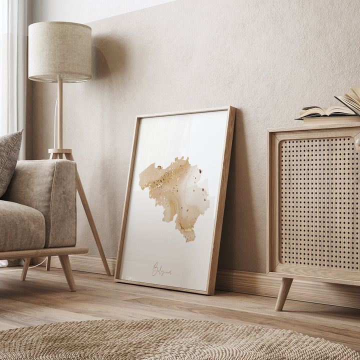 Belgium Map Beige & Gold Wall Art Print
