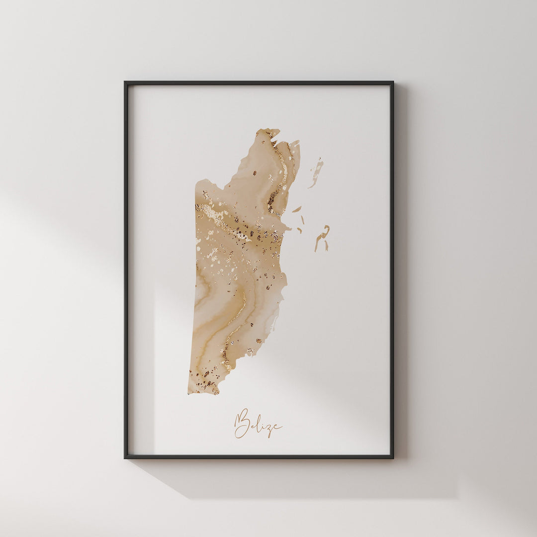 Belize Map Beige & Gold Wall Art Print