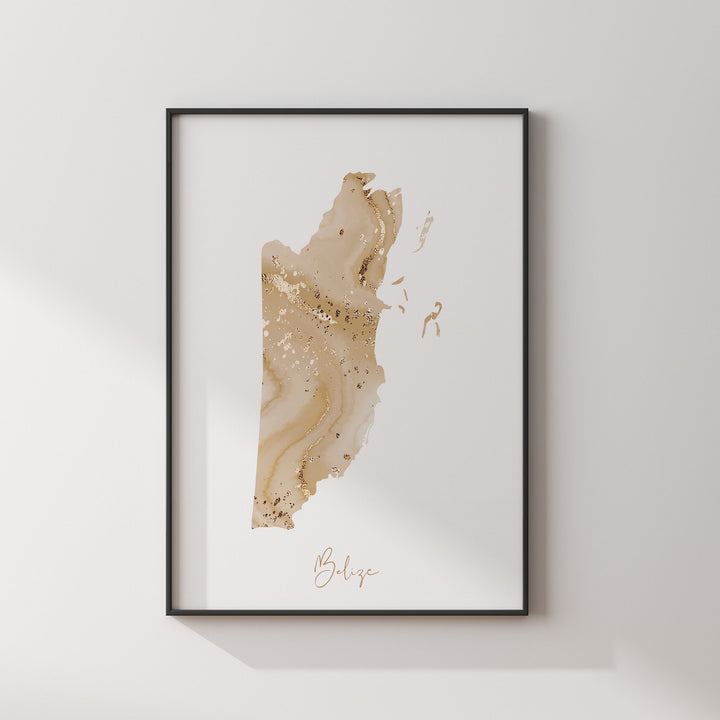 Belize Map Beige & Gold Wall Art Print