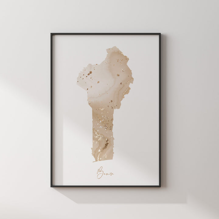 Benin Map Beige & Gold Wall Art Print