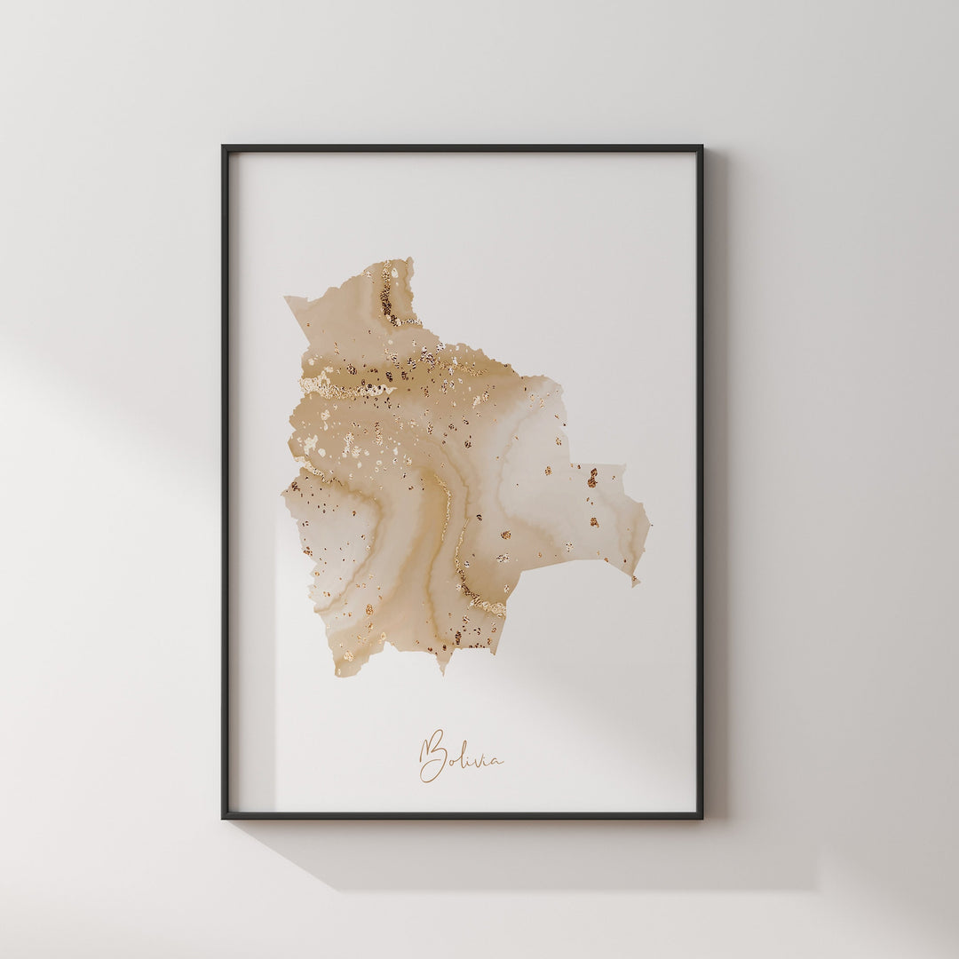 Bolivia Map Beige & Gold Wall Art Print