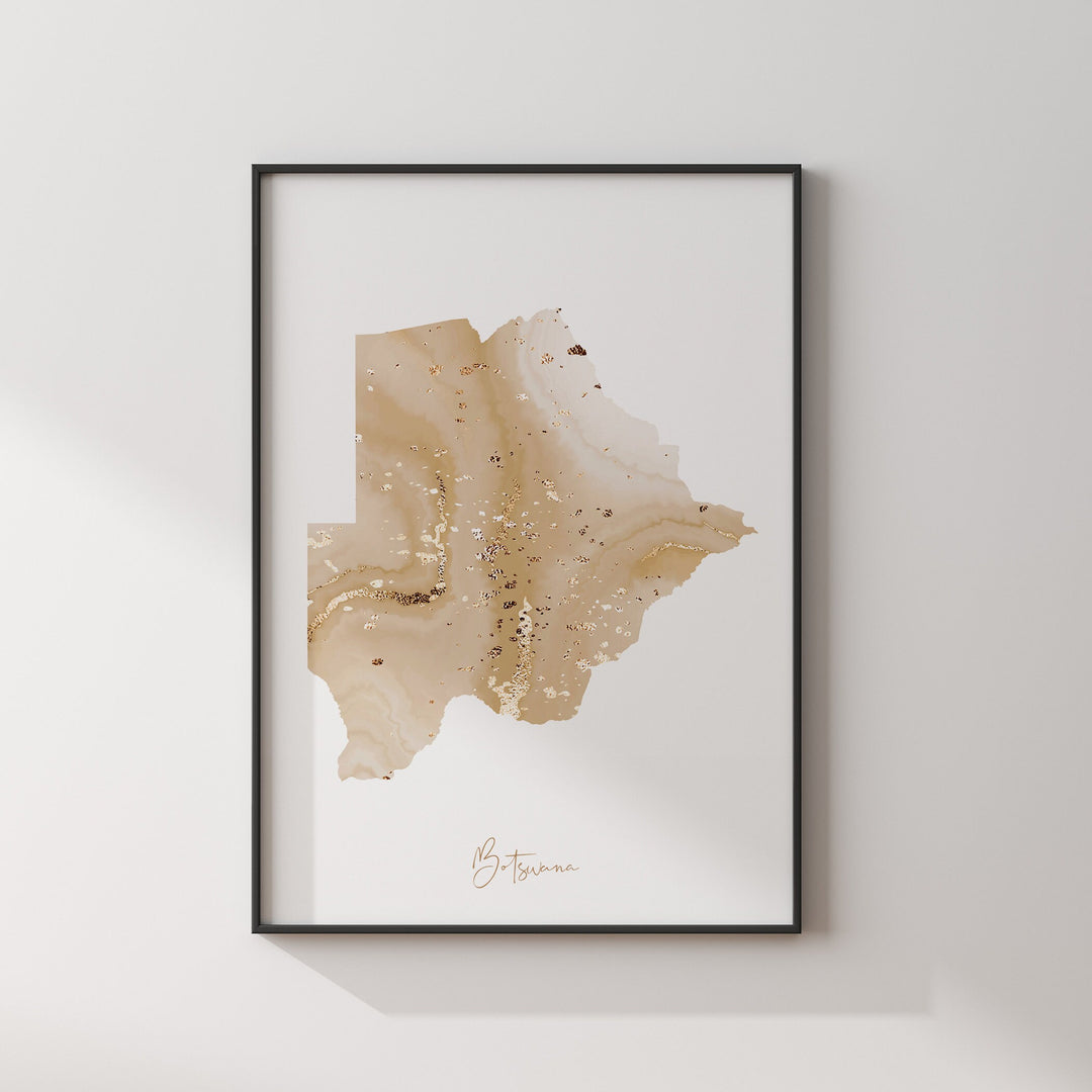 Botswana Map Beige & Gold Wall Art Print