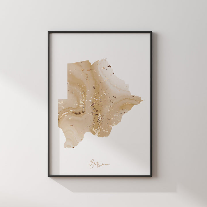 Botswana Map Beige & Gold Wall Art Print