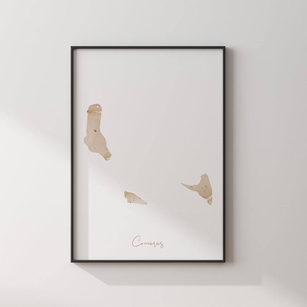 Comoros Map Beige & Gold Wall Art Print
