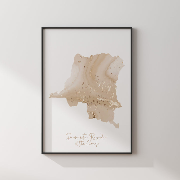 Congo Map Beige & Gold Wall Art Print