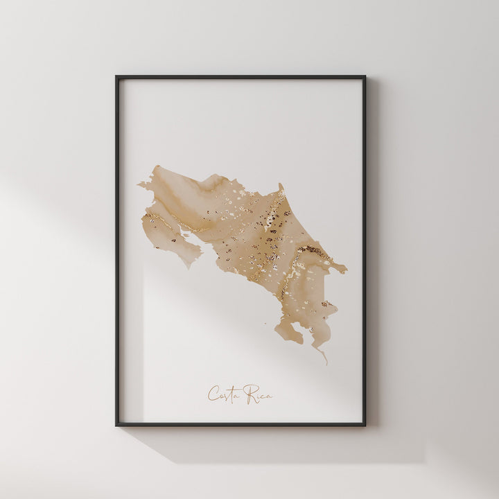 Costa Rica Map Beige & Gold Wall Art Print