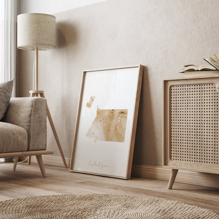 Equatorial Guinea Map Beige & Gold Wall Art Print