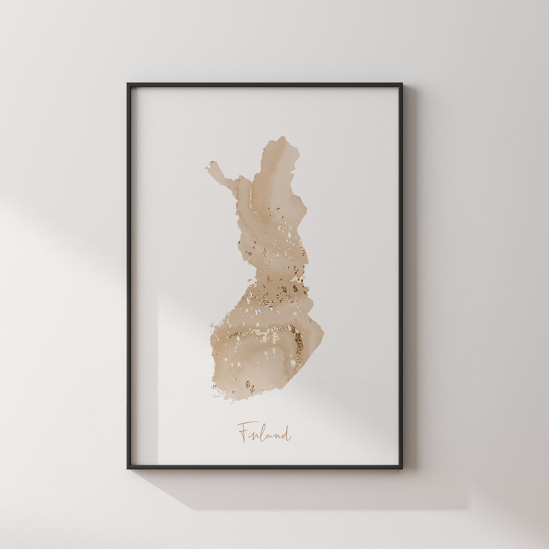 Finland Map Beige & Gold Wall Art Print