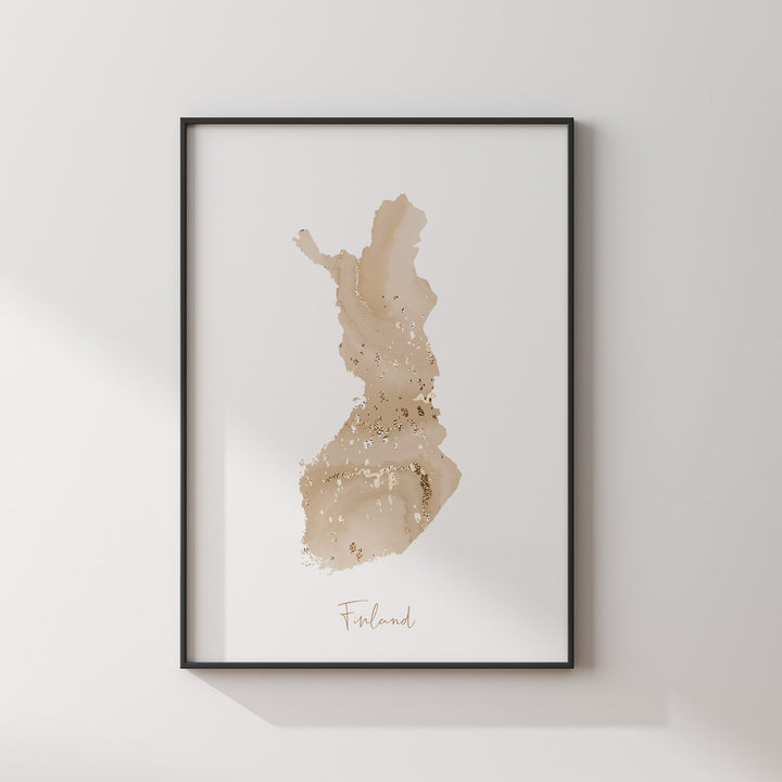 Finland Map Beige & Gold Wall Art Print