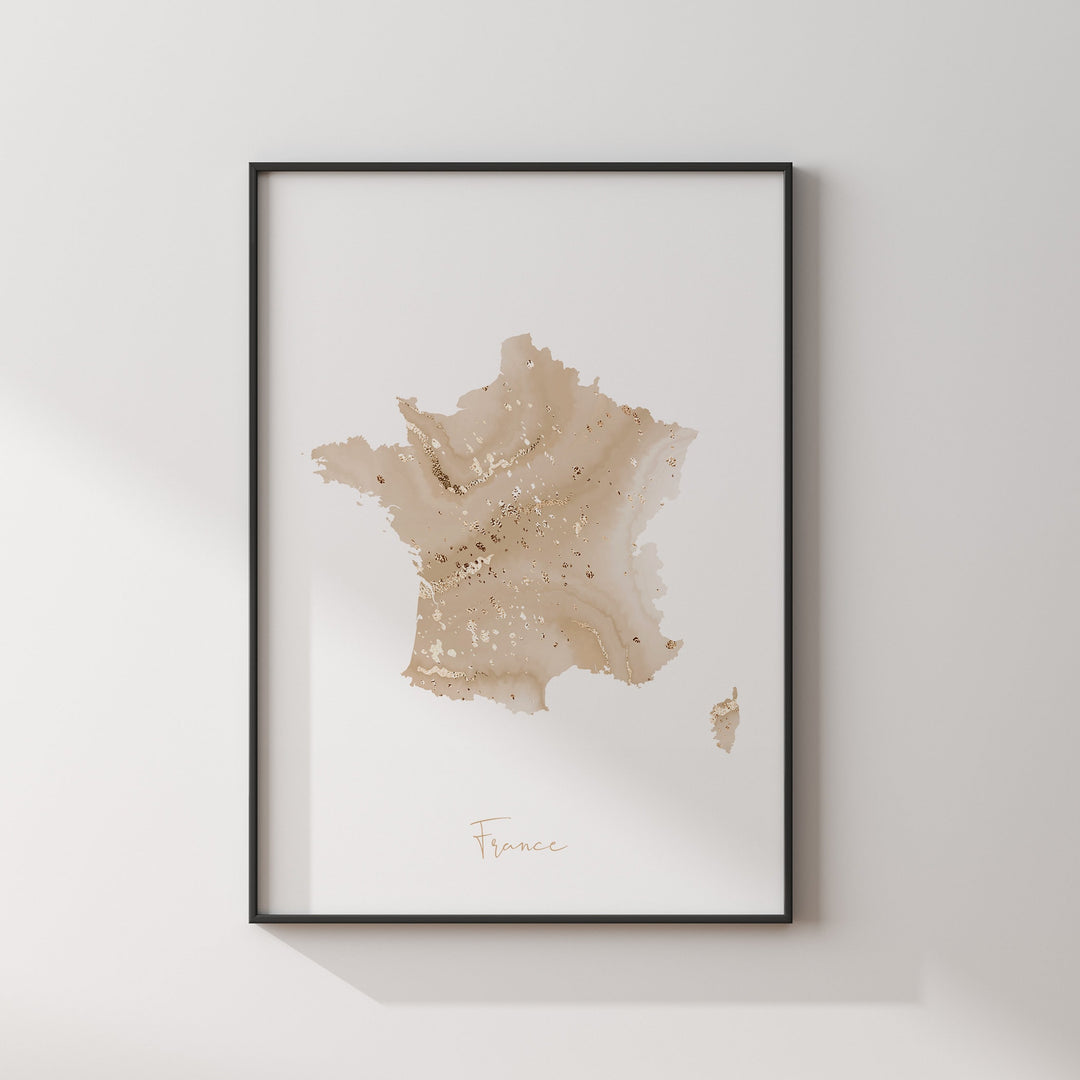 France Map Beige & Gold Wall Art Print