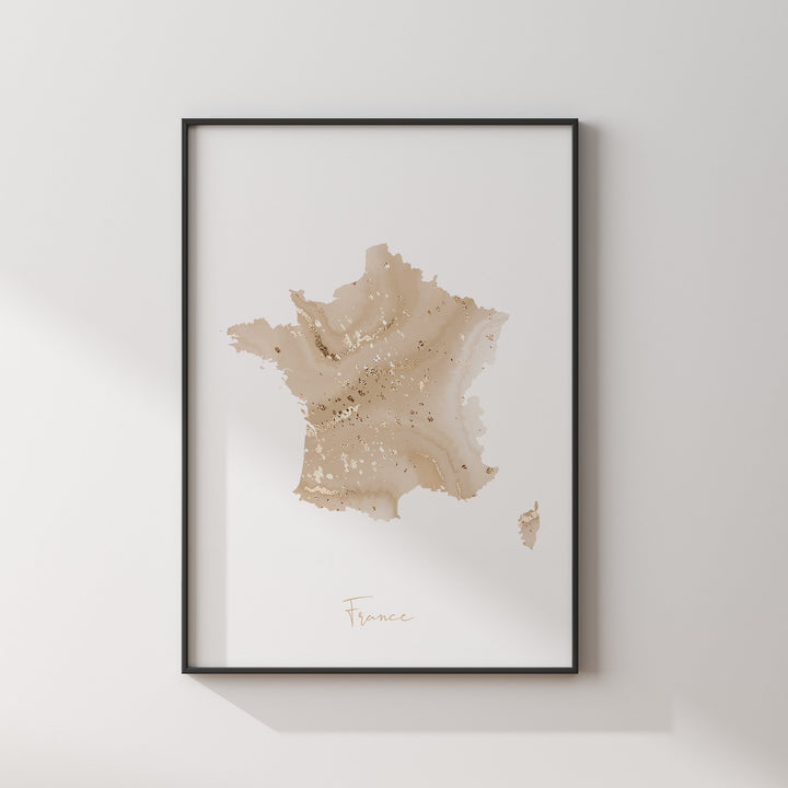France Map Beige & Gold Wall Art Print