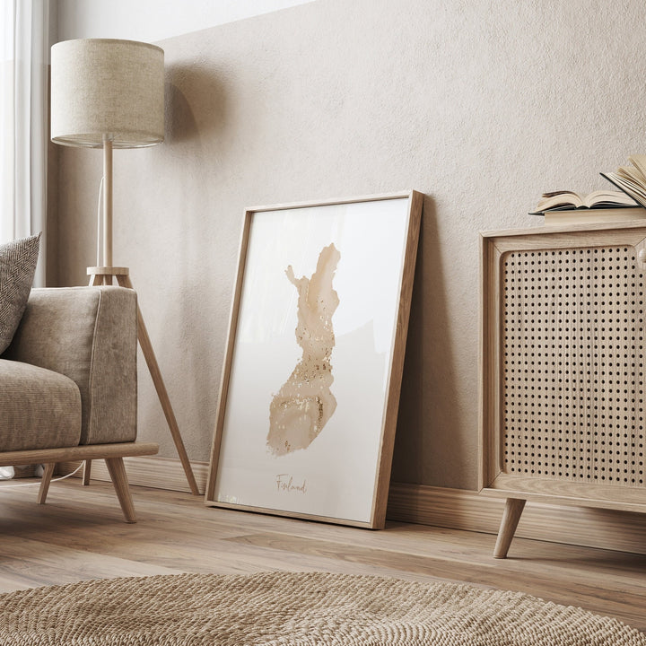 Finland Map Beige & Gold Wall Art Print