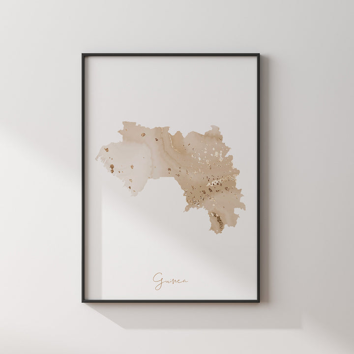 Guinea Map Beige & Gold Wall Art Print