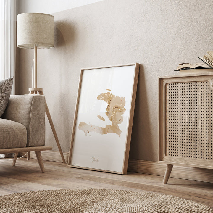 Haiti Map Beige & Gold Wall Art Print
