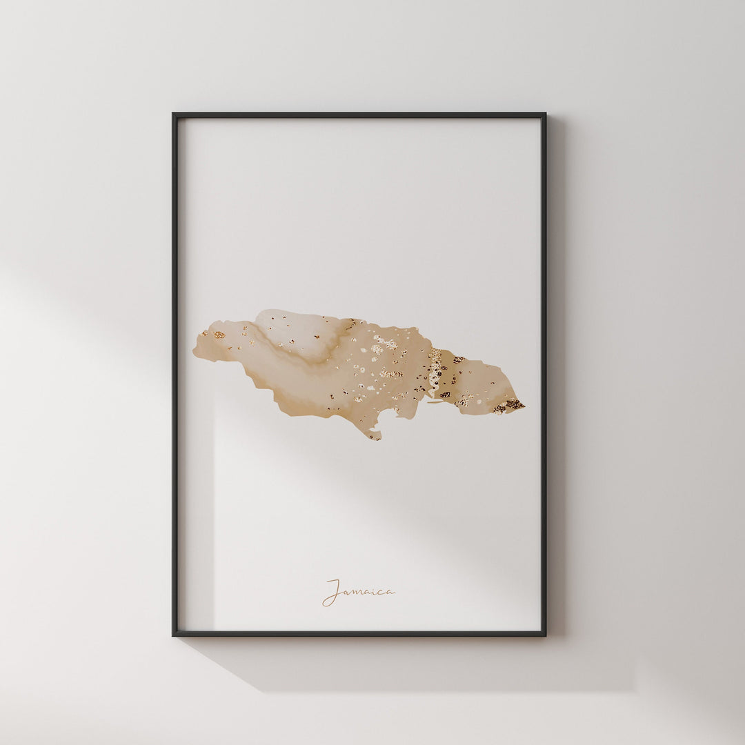 Jamaica Map Beige & Gold Wall Art Print