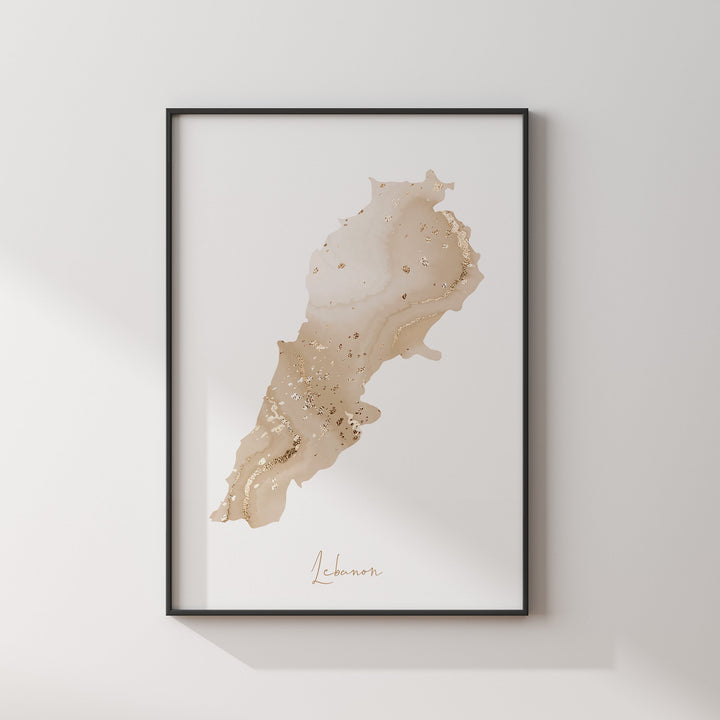 Lebanon Map Beige & Gold Wall Art Print