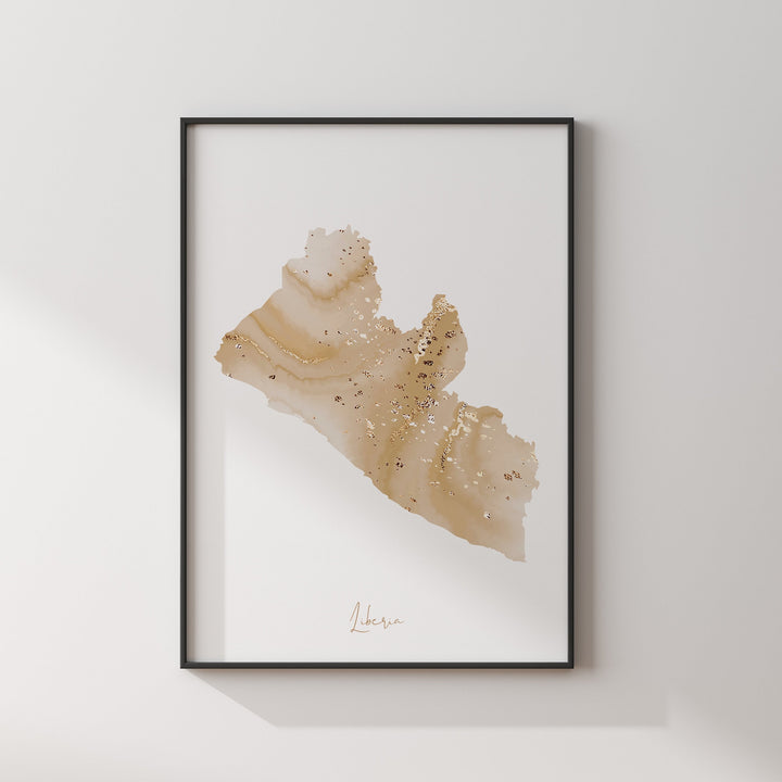 Liberia Map Beige & Gold Wall Art Print