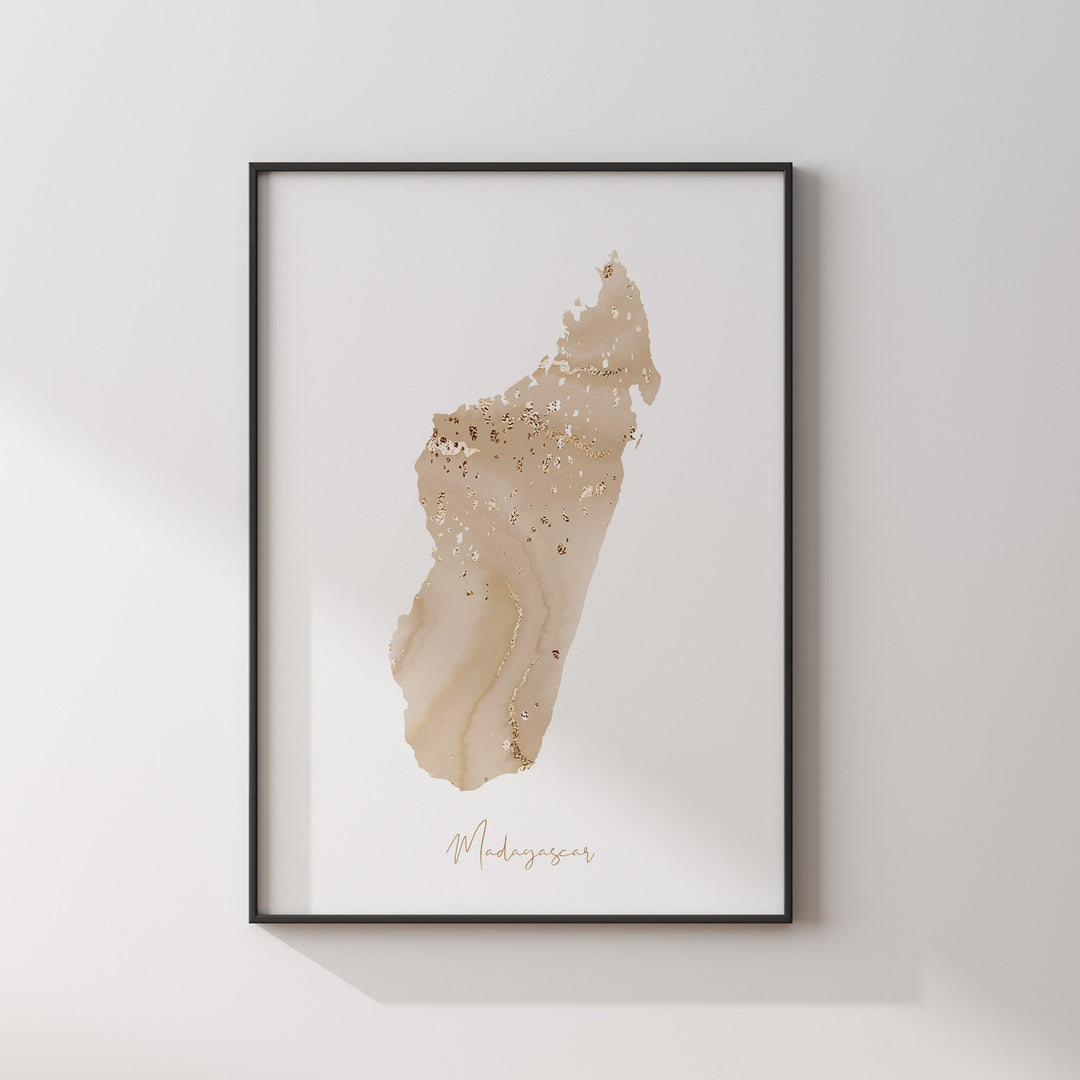 Madagascar Map Beige & Gold Wall Art Print