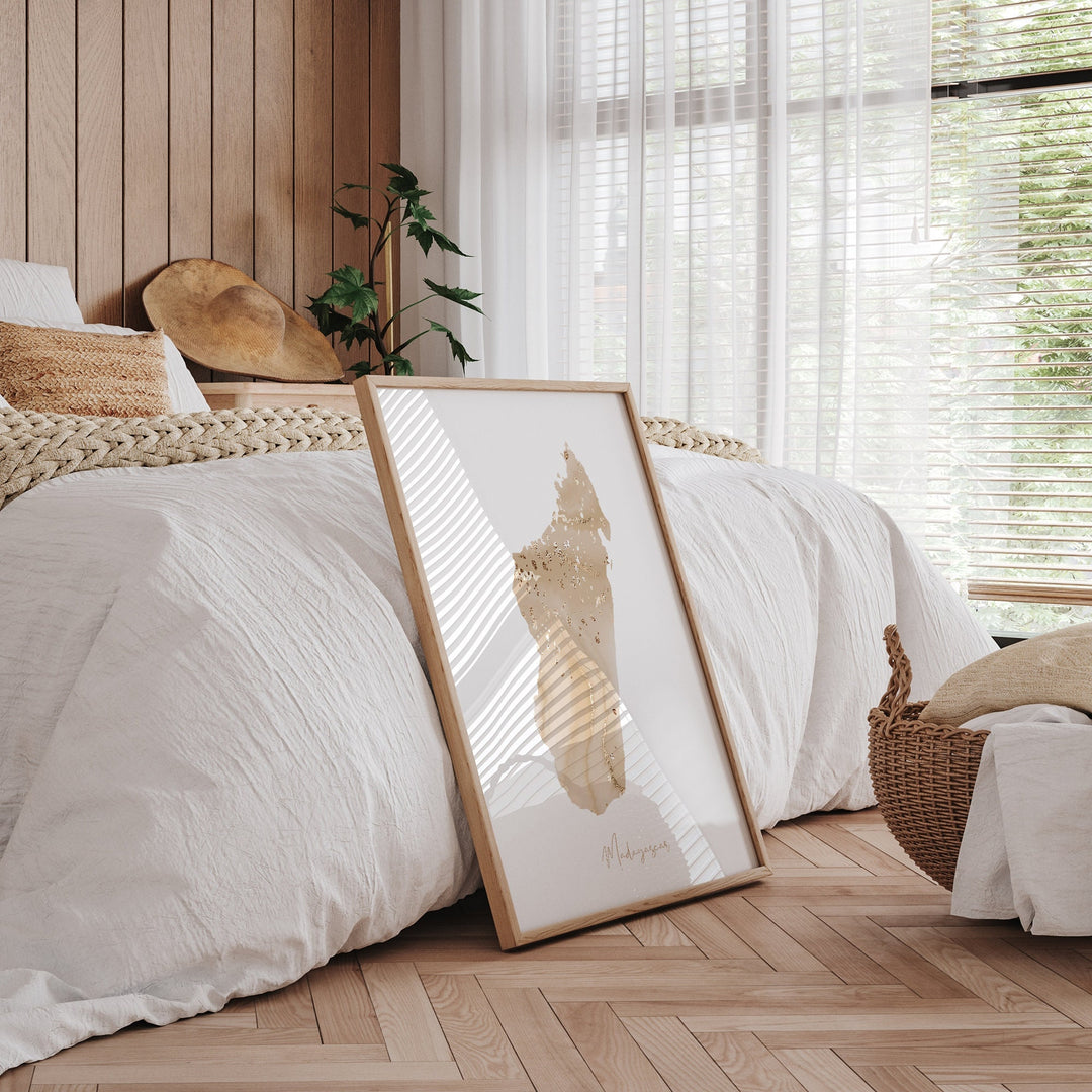 Madagascar Map Beige & Gold Wall Art Print