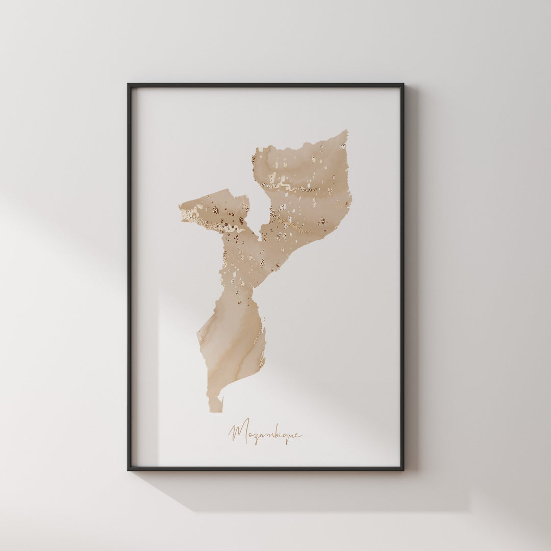 Mozambique Map Beige & Gold Wall Art Print