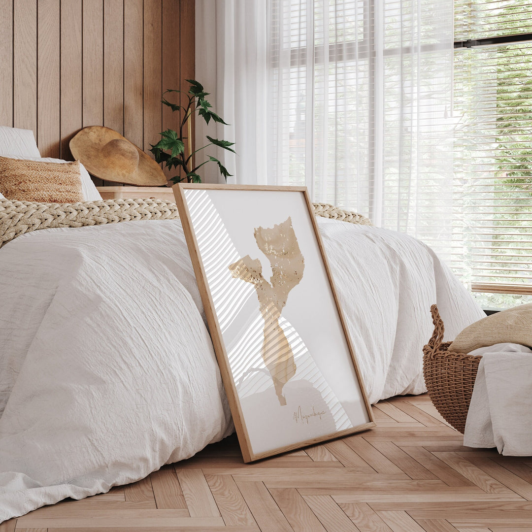 Mozambique Map Beige & Gold Wall Art Print