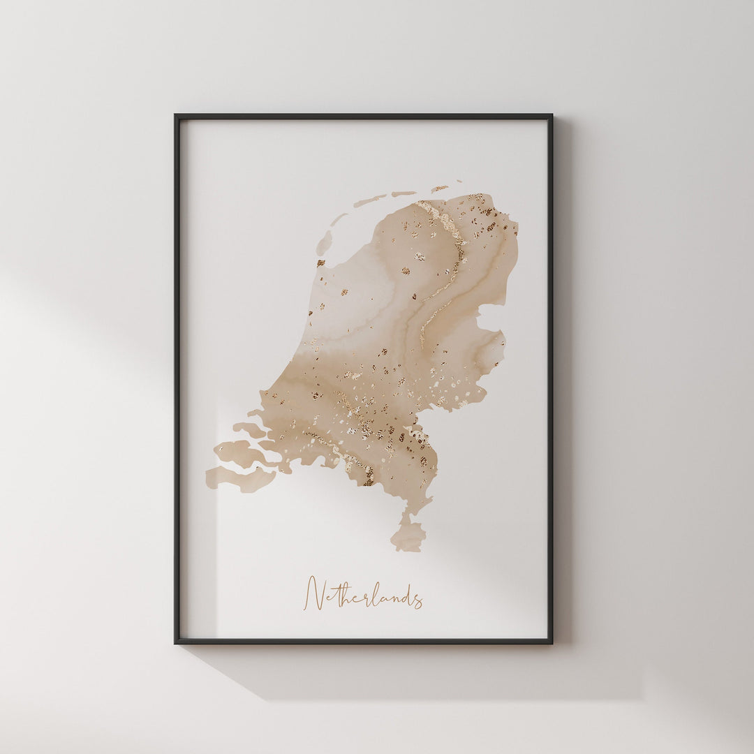 Netherlands Map Beige & Gold Wall Art Print