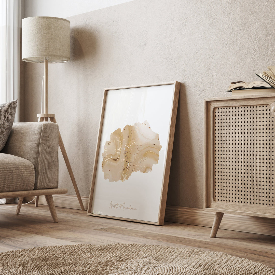 North Macedonia Map Beige & Gold Wall Art Print