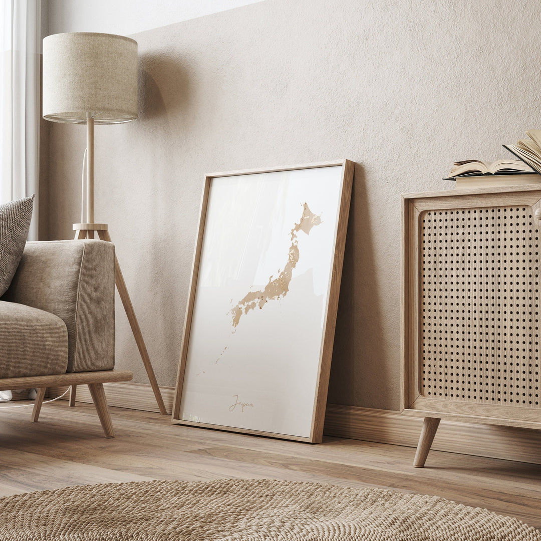 Japan Map Beige & Gold Wall Art Print