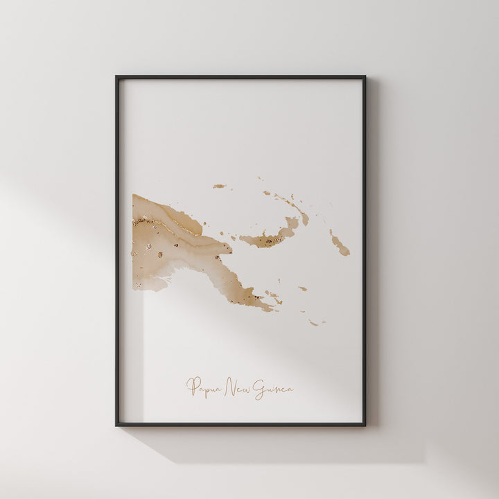 Papua New Guinea Map Beige & Gold Wall Art Print