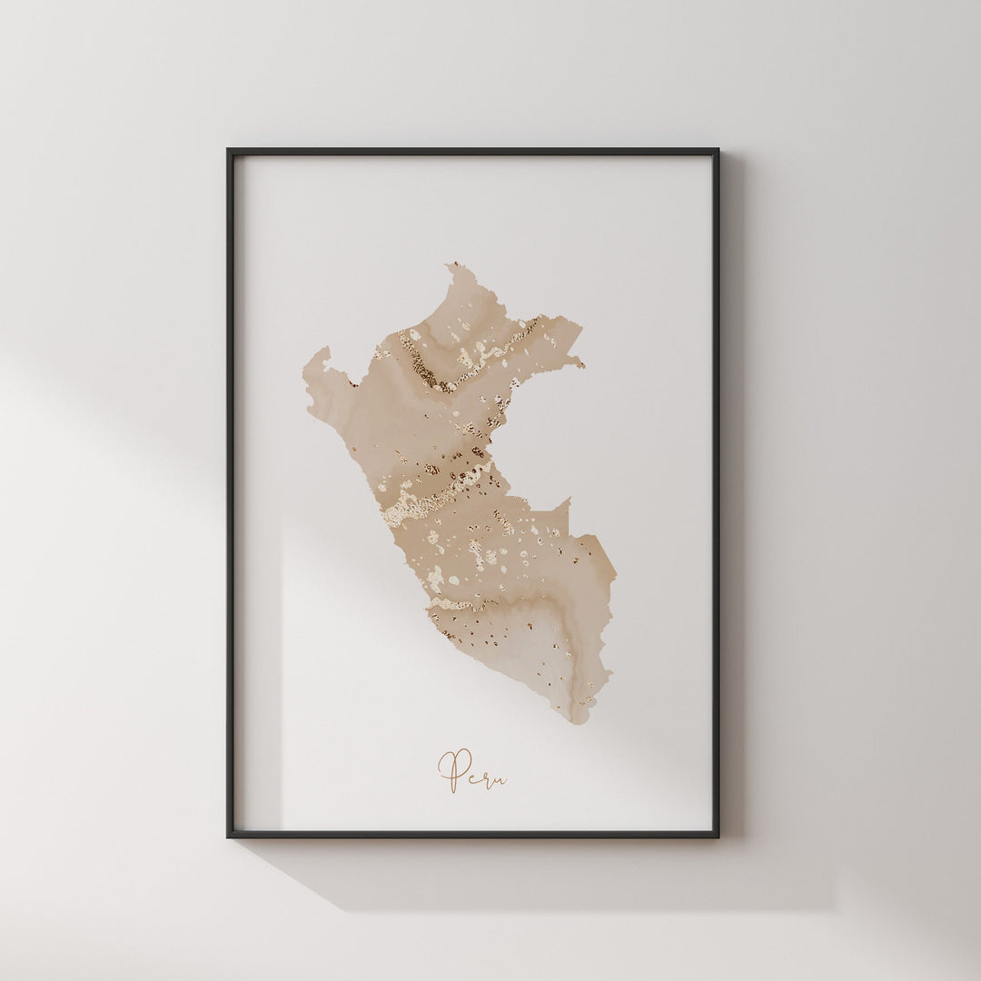 Peru Map Beige & Gold Wall Art Print