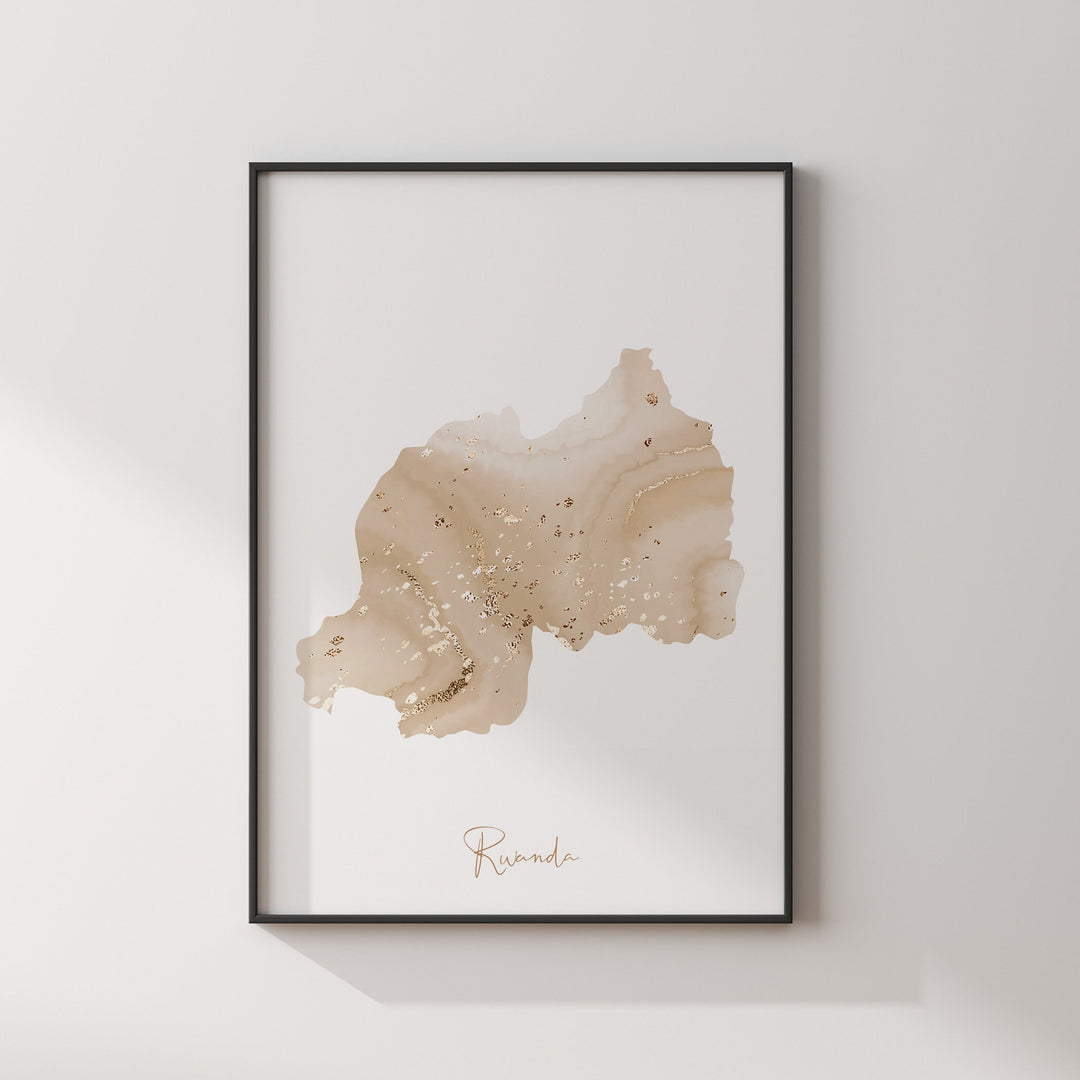 Rwanda Map Beige & Gold Wall Art Print