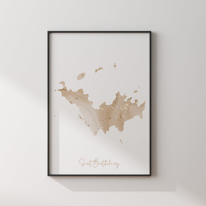 Saint Barthelemy Map Beige & Gold Wall Art Print