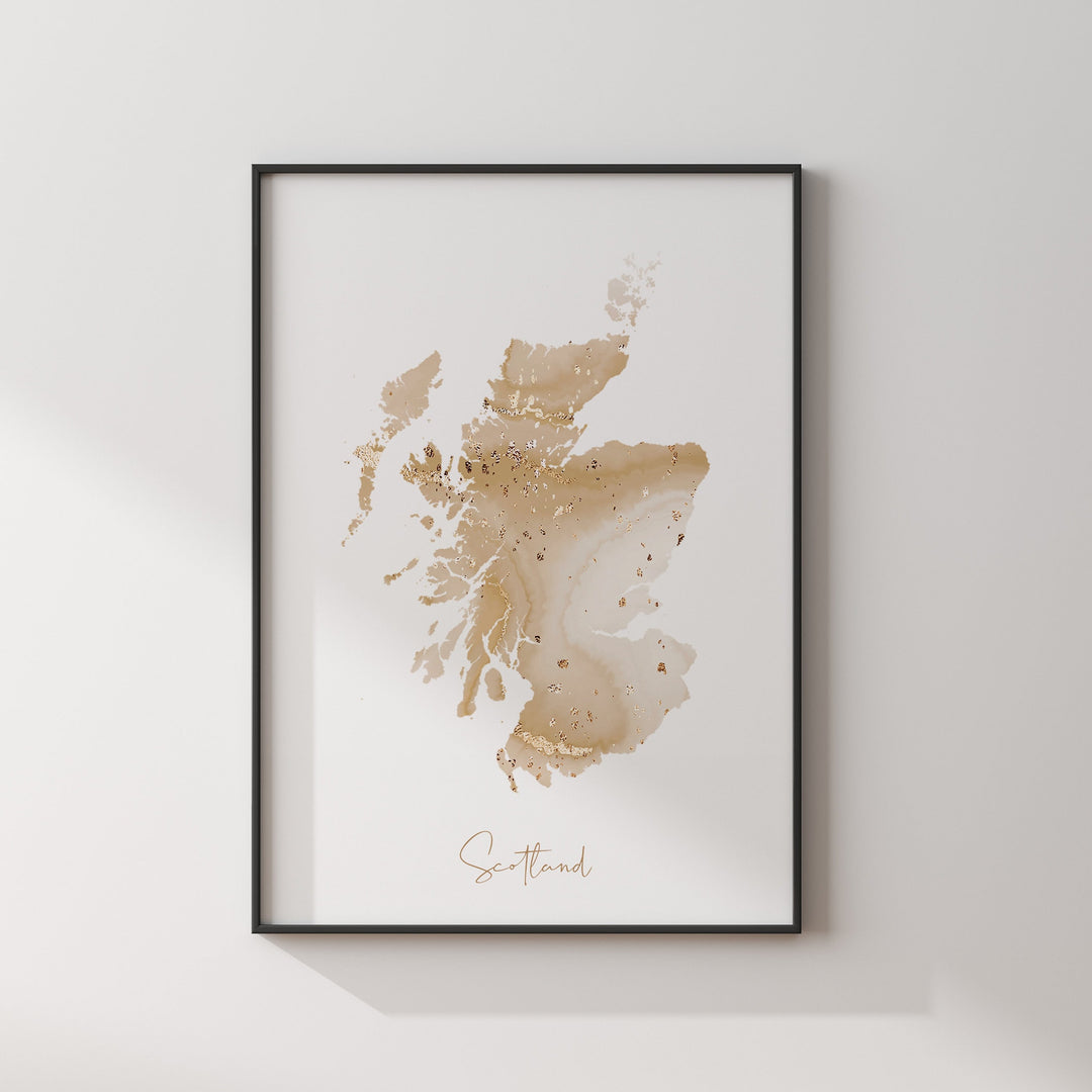 Scotland Map Beige and Gold Wall Art Print