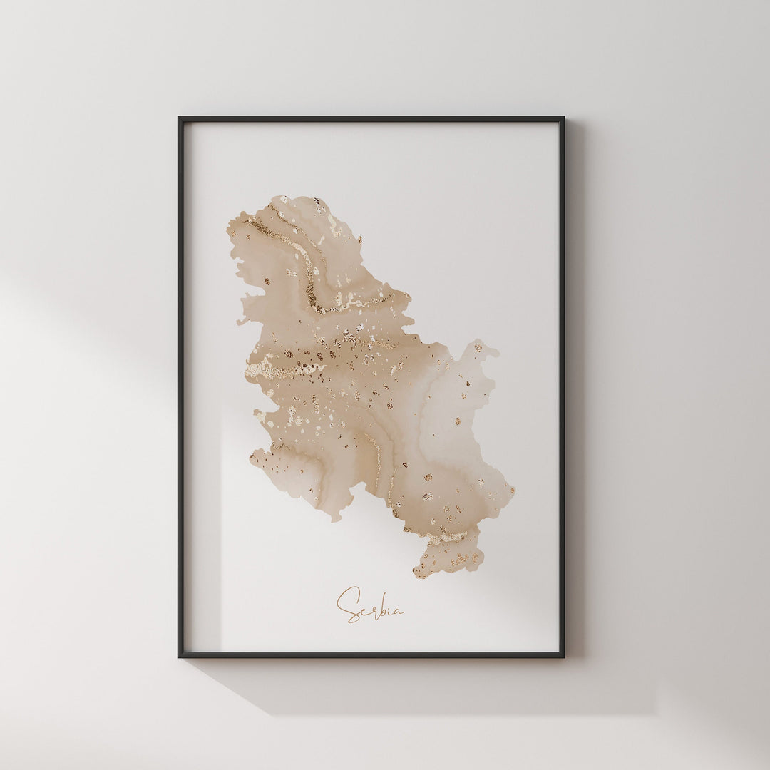 Serbia Map Beige and Gold Wall Art Print