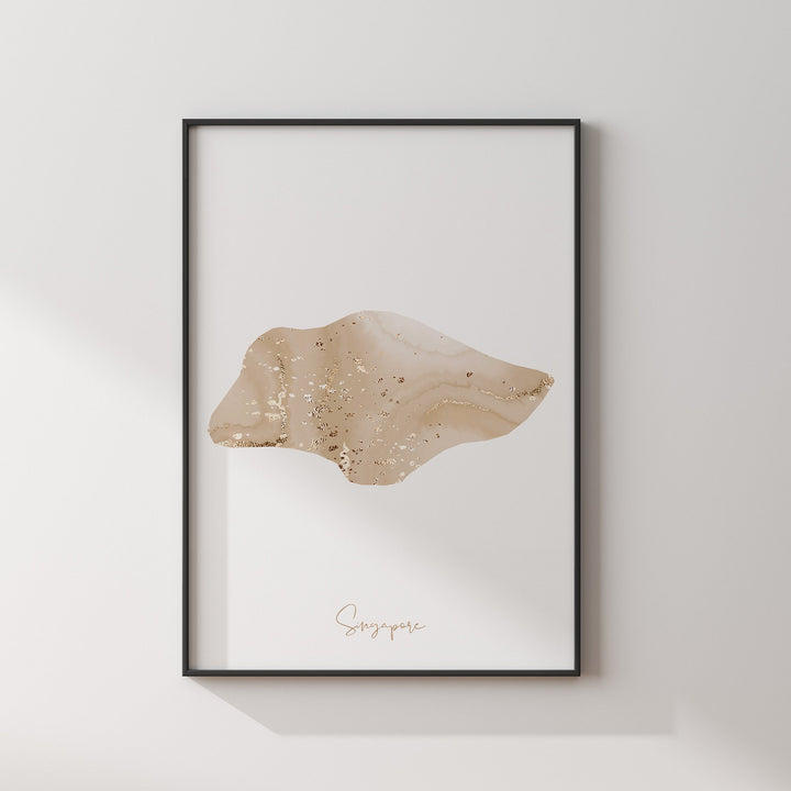 Singapore Map Beige and Gold Wall Art Print