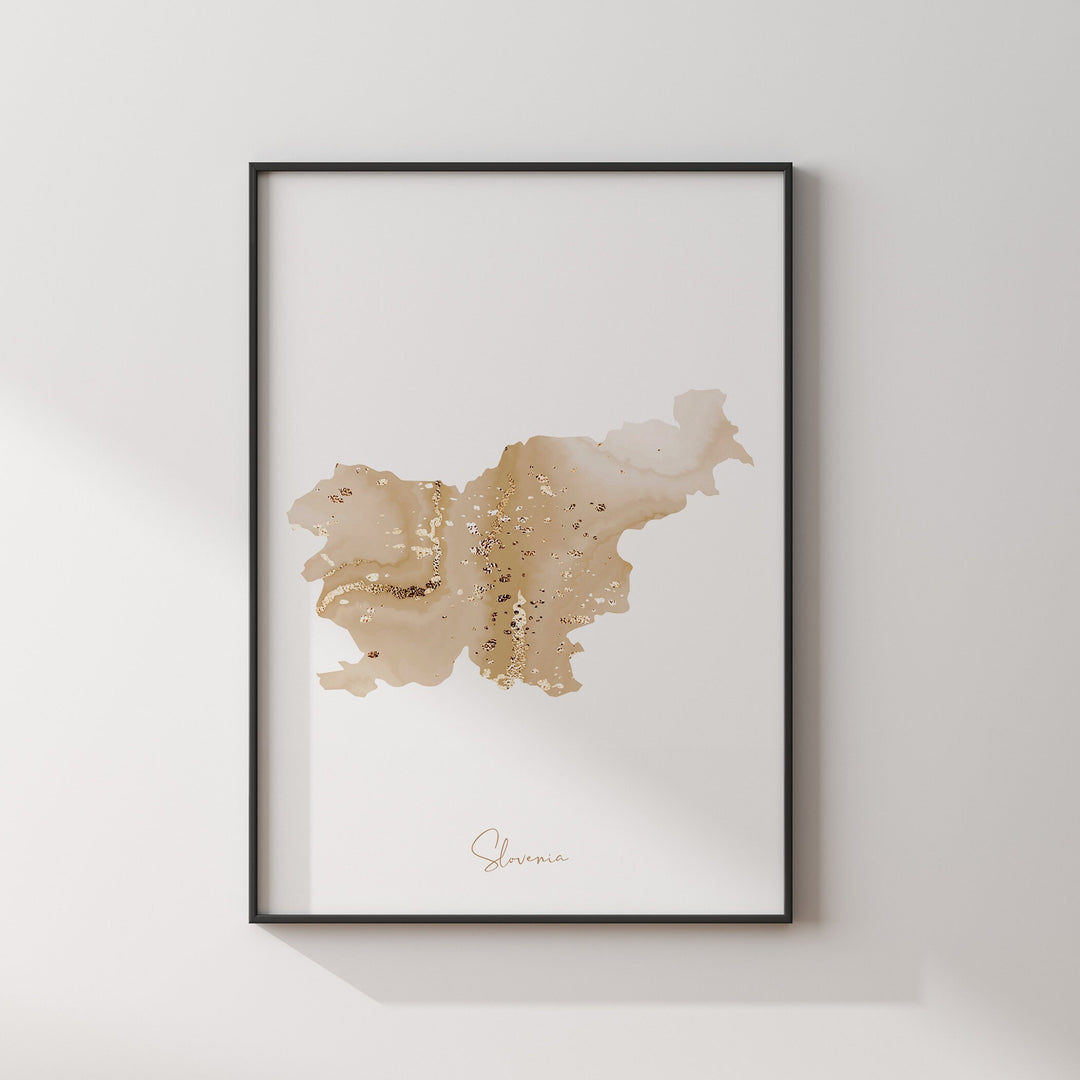 Slovenia Map Beige and Gold Wall Art Print