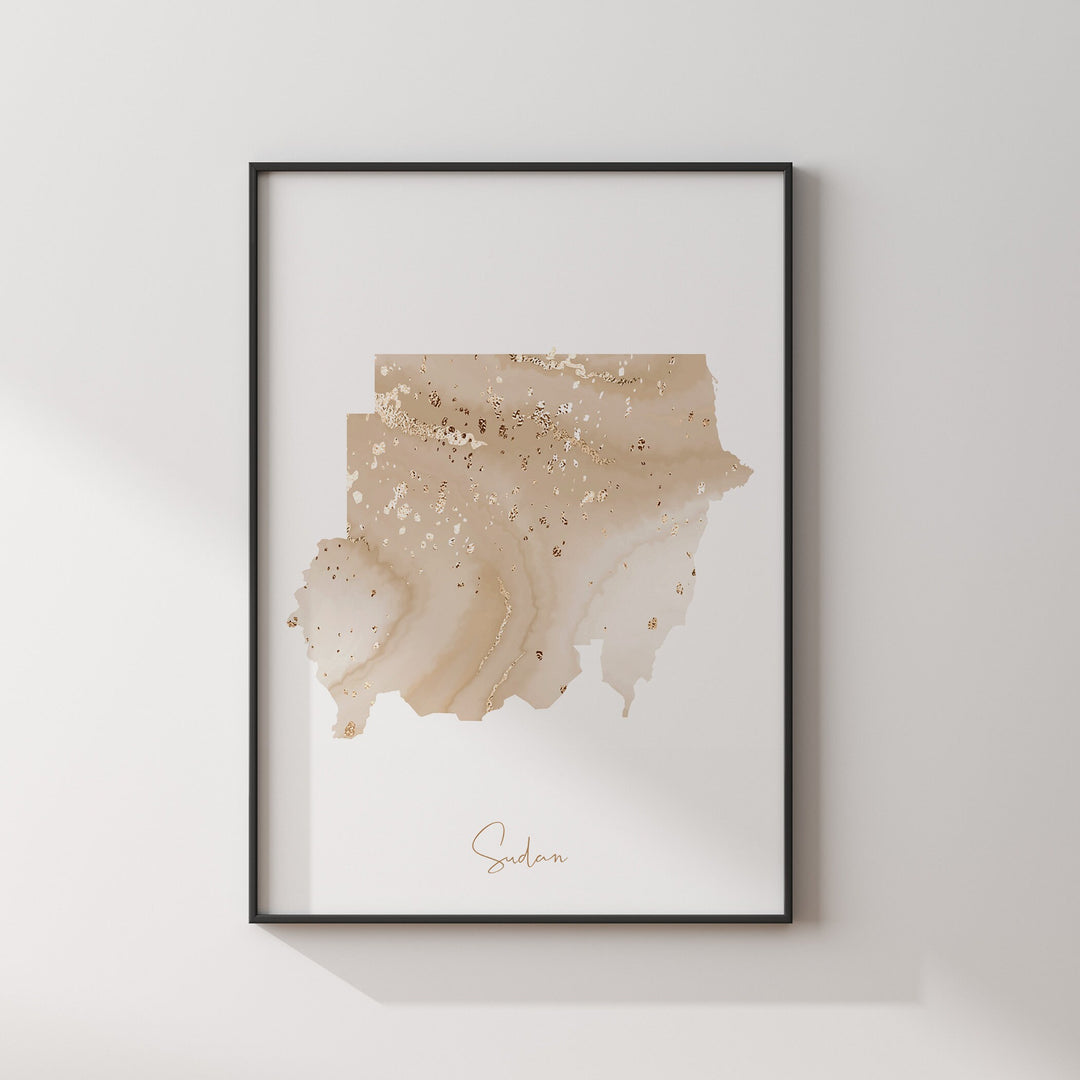 Sudan Map Beige and Gold Wall Art Print